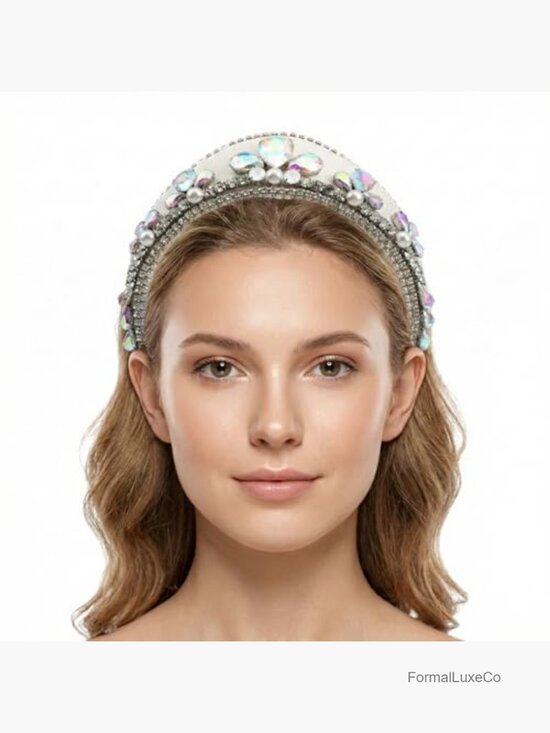 Wide Padded Crystal Pearl Baroque Crown Hairband Statement Headband main image 6